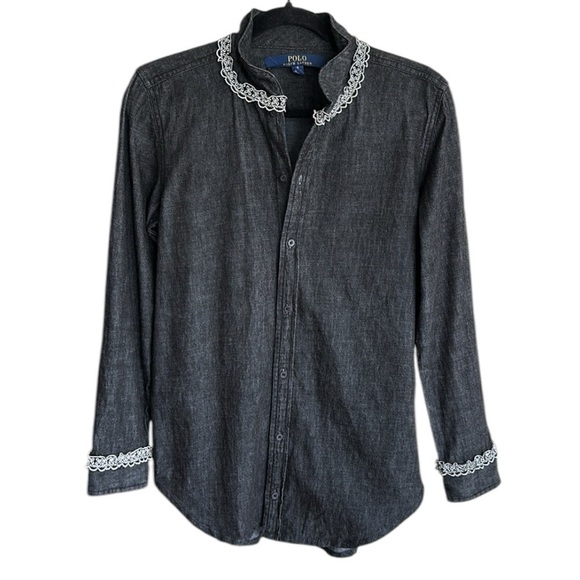 POLO RALPH LAUREN Black Denim Long Sleeve Shirt Lace Cowgirl Western Size 4 - Picture 12 of 13